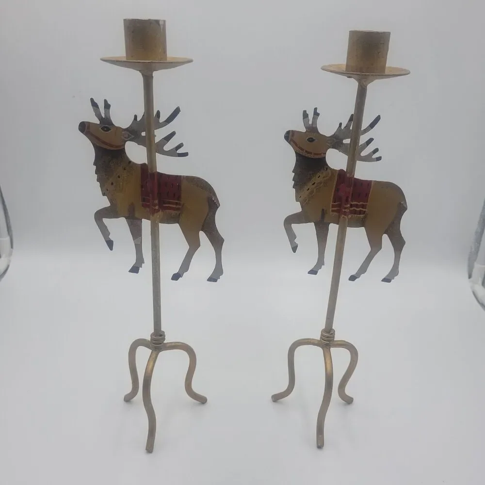 Christmas Metal Reindeer Candle Holder Candlestick Pair Hand Painted Elk Caribou